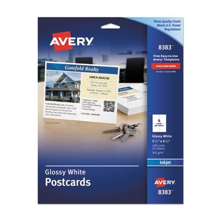 Avery Dennison Avery, Photo-Quality Glossy Postcards For Inkjet Printers, 4 1/4 X 5 1/2, White, 100PK 8383